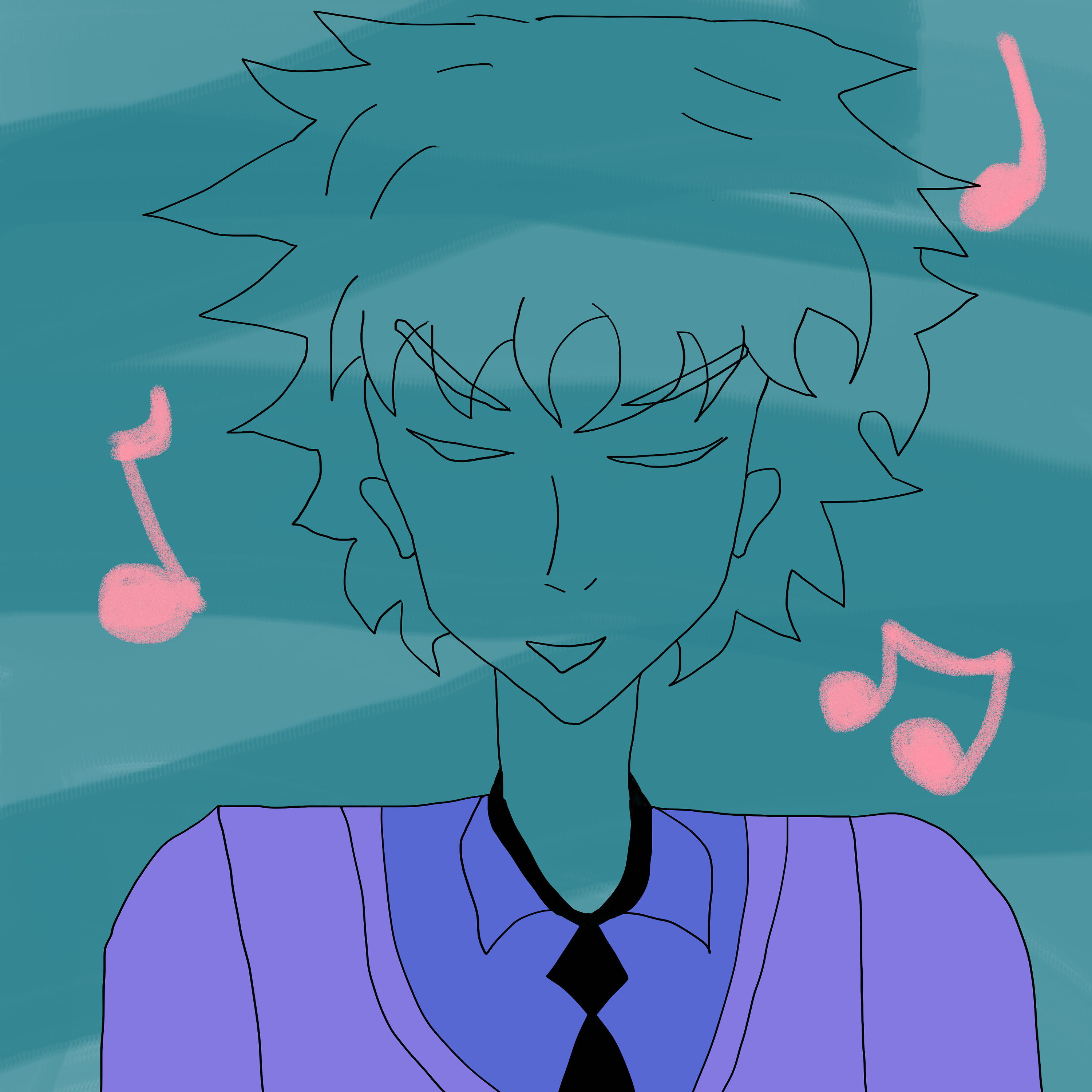 layla singing rose pink notes with a dreamy sea-like overlay and wearing a lavender suit and mauve shirt with black tie over the shirt collar.